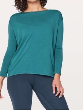 LULULEMON BACK IN ACTION TEAL GREEN BOATNECK BOXY LONG SLEEVE TEE SHIRT SZ 6